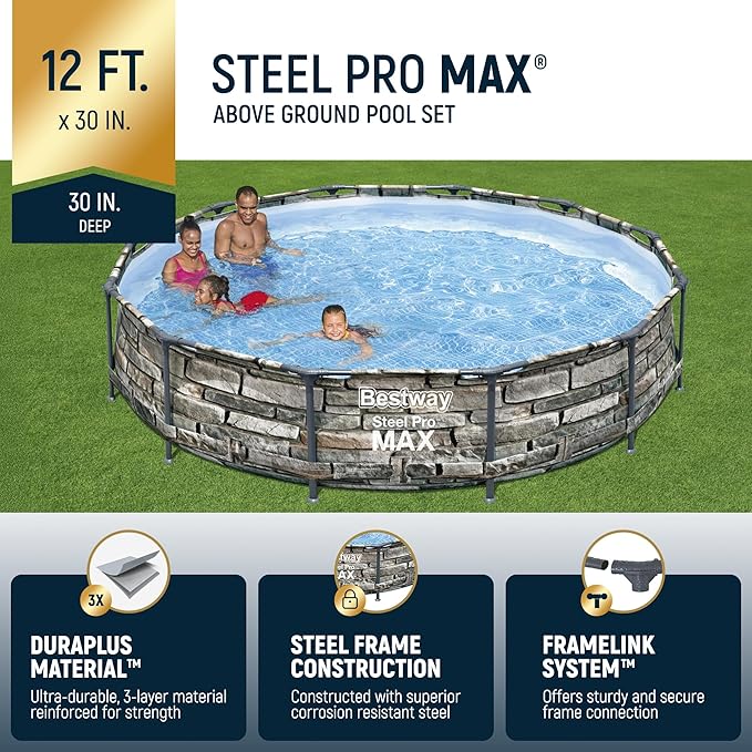 Bestway Steel Pro MAX 12' x 30" Above Ground Pool, Round Metal Frame Outdoor Swimming Pool Set with Filter Pump & Type I Cartridge, Stone Print