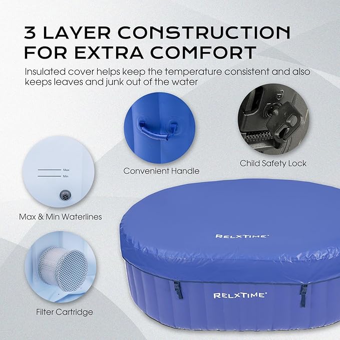 Inflatable 2 Person Hot Tub Outdoor, 100 Air Jets Portable Oval Spa with Built in Heater Pump, Blow Up Hottub for Relaxation, Table Tray, 2 Filters, Blue