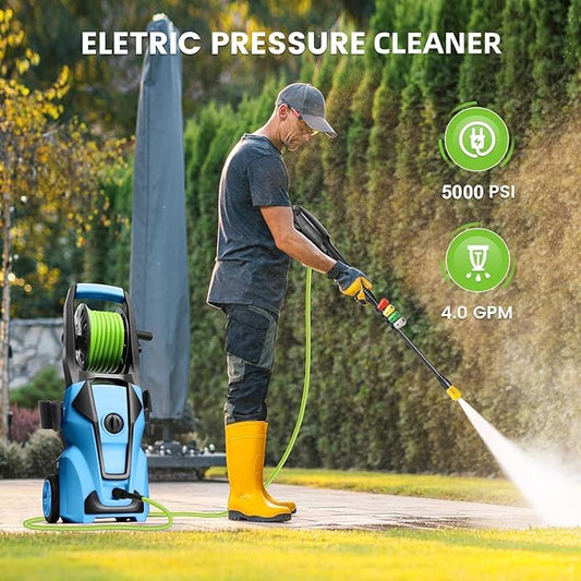 Electric Pressure Washer Adjustable 5000PSI 4.0 GPM High Power Washers with 33ft Hose Reel, 4 Nozzle and Foam Cannon, Power Washers Machine for Home, Cars, Patio (Navy Blue)