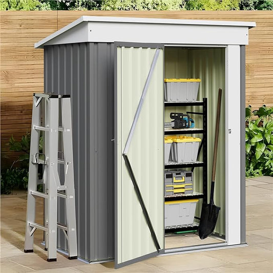 JUMMICO Metal Outdoor Storage Shed 5 x 3 FT Metal Shed with Lockable Door,Waterproof Garden Tool Shed Storage House for Backyard Patio Lawn,Grey
