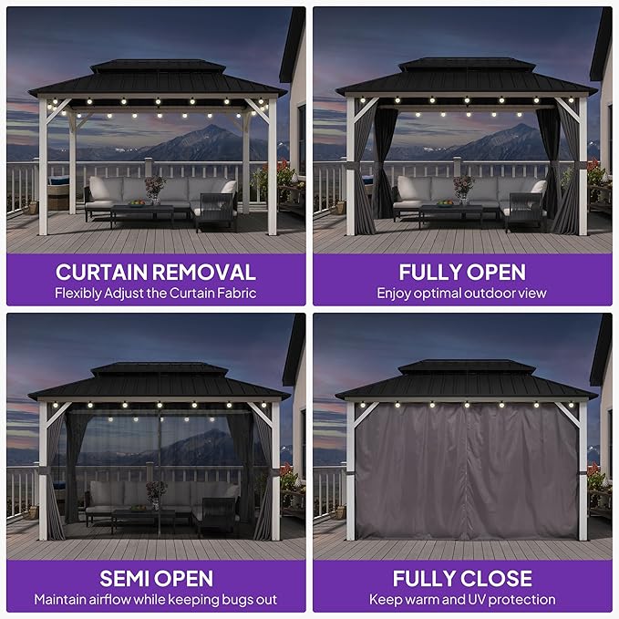 PURPLE LEAF 8' X 12' Outdoor Gazebo Galvanized Steel Double Roof White Aluminum Frame Hardtop Heavy Duty Gazebo with Curtain and Netting for Patio Garden and Backyard, Grey