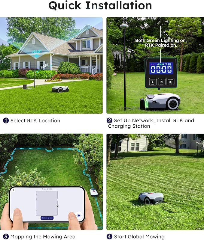 Robot Lawn Mower NO Wire - 0.21 Acre, Full Band RTK+4-Eye Vision Robotic Lawnmower, Automatic Mapping, 20 Multi-Zone Management, Accurate Obstacle Avoidance, Intelligent Path Planning, APP Control