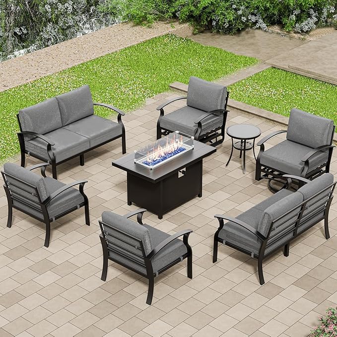 Aluminum Patio Furniture Set with Fire Pit Table, 8 Seats Outdoor Patio Conversation Set with Swivel Chair Modern Metal Patio Sectional Sofa with Upgrade Cushions for Patio, Backyard (Grey)