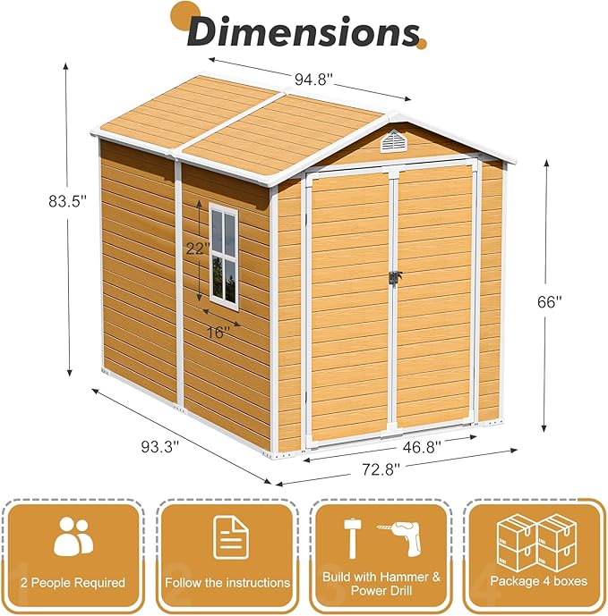 6x8 FT Plastic Resin Shed with Floor, All-Weather Storage Sheds Outdoor with Floor and Window Easy to Install, Large Plastic Sheds & Outdoor Storage for Garden & Backyard, Bright Yellow