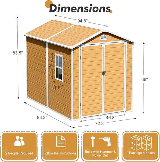 Plastic Sheds 6x8 Resin Outdoor Storage with Floor Included, Waterproof Lockable Garden Shed Tool Cabinet Brown