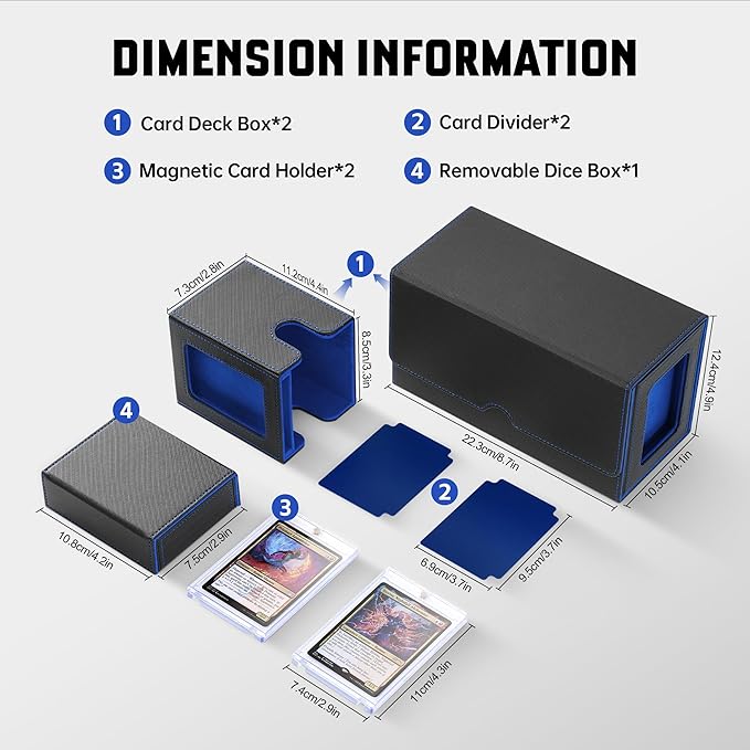 ZLCA Card Deck Box with Commander window Display, MTG Deck Box with Dice Tray Holds 200+ Double-Sleered Cards,Card Storage Case fit for YuGiOh,MTG,Sport (Black&Blue)