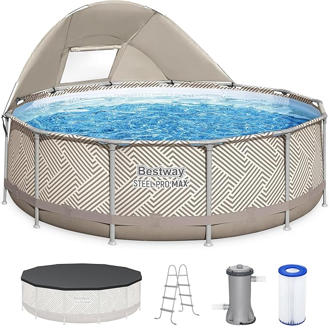 Bestway Steel Pro MAX 13' x 42" Above Ground Pool, Round Metal Frame Outdoor Swimming Pool Set with Canopy, Filter Pump, Ladder, and Cover, Taupe