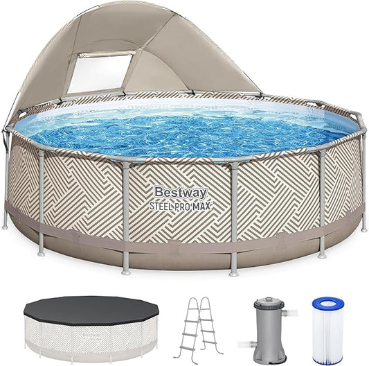 Bestway Steel Pro MAX 13' x 42" Above Ground Pool, Round Metal Frame Outdoor Swimming Pool Set with Canopy, Filter Pump, Ladder, and Cover, Taupe