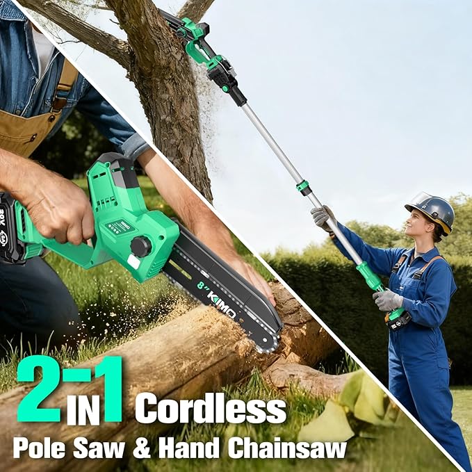 KIMO 2-IN-1 Electric Pole Saws for Tree Trimming, 8" Mini Chainsaw Cordless, 16FT Max Reach Extension Pole, 2×4.0Ah Batteries,Fast Charger, Brushless Pole Chain Saw for Tree Trimmer Limb Branch Cutter