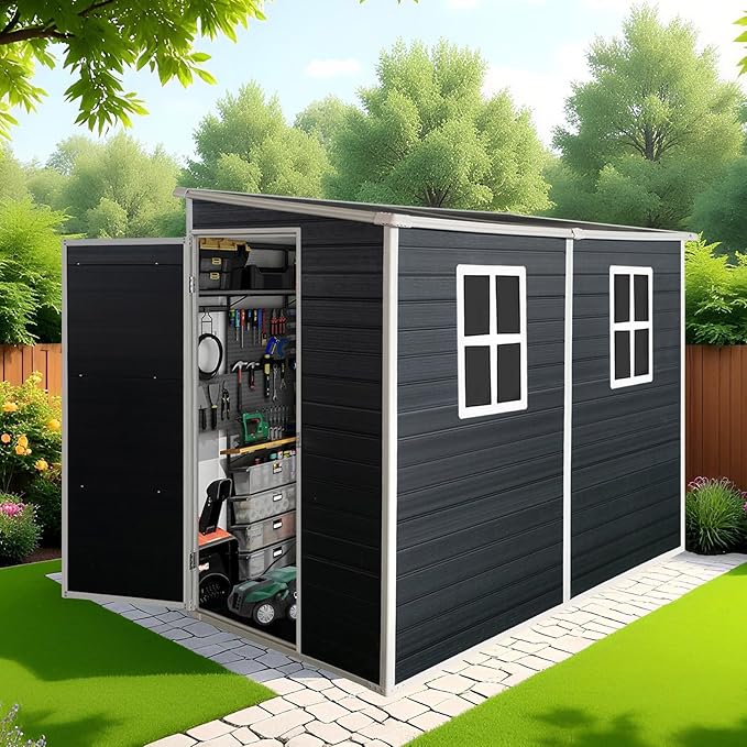 Storage Shed 4x8 ft Outdoor Lean to Resin Shed with Floor and 2 Windows, Lockable Door Plastic Sheds, Waterproof Sheds for Garden Tools, Bicycles, Trash Cans, Lawn Mower, Black