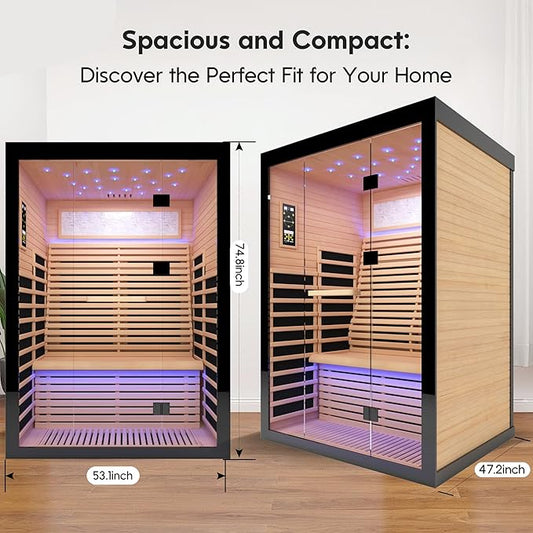 2 Person Infrared Sauna for Home-Luxury Spa with Exclusive Star Sky Roof & Oxygen Bar, 8 Low EMF Graphene Heaters, Bluetooth