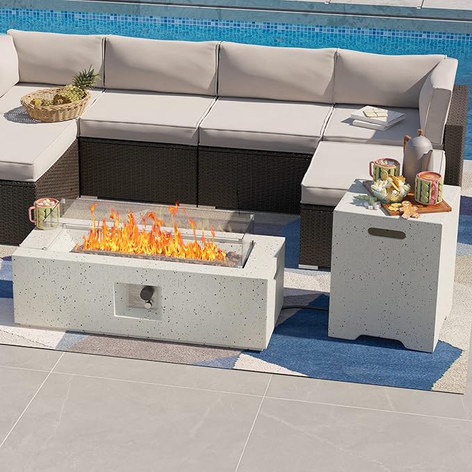SUNBURY Outdoor 42 Inch Propane Fire Pit Table, Rectangle Fire Table w Tank Table, 40,000 BTU Spotted White Patio Gas Fire Table w Glass Wind Guard, Waterproof Cover, Lava Rocks