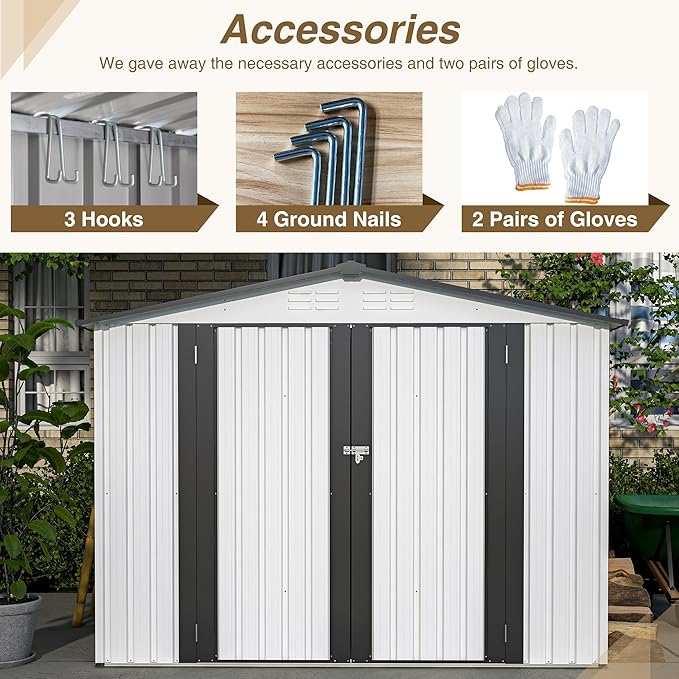 6x8 FT Outdoor Storage Shed, Metal Garden Shed with Lockable Hinged Doors, Outside Tool Shed with Sloped Roof & 4 Air Vents, Waterproof Storage Building for Backyard, Patio, Lawn, White