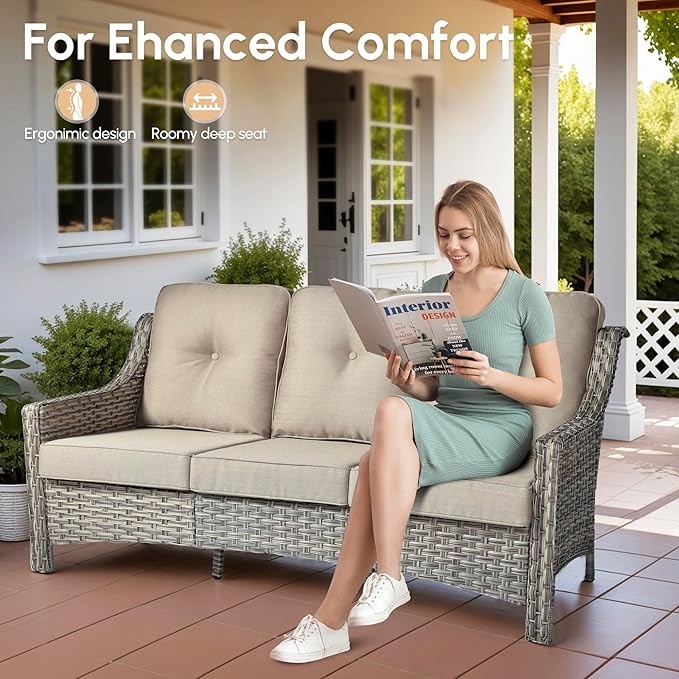4 Pieces Patio Outdoor Furniture Set,All Weather Wicker Rattan Patio Seating Sofa and Chair Set w/ 3-Seater Sofa and Glowing Coffee Table,Outdoor Conversation Sets for Deck Yard Garden,Beige