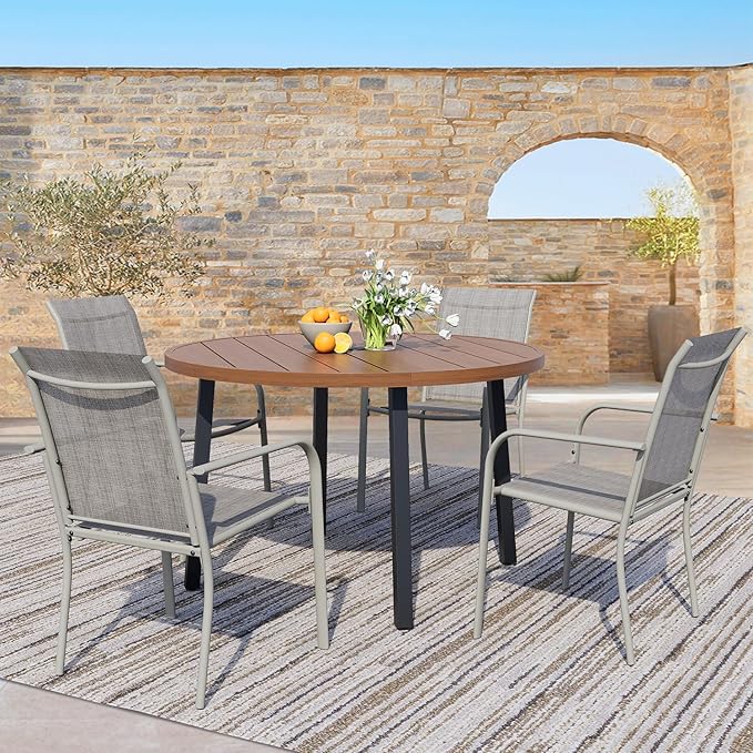 5 Pieces Patio Dining Set for 4, Grey Patio Stackable Chairs and Walnut Round Table Set of 4, Outdoor Furniture Set with Sling Support for Outside, Garden