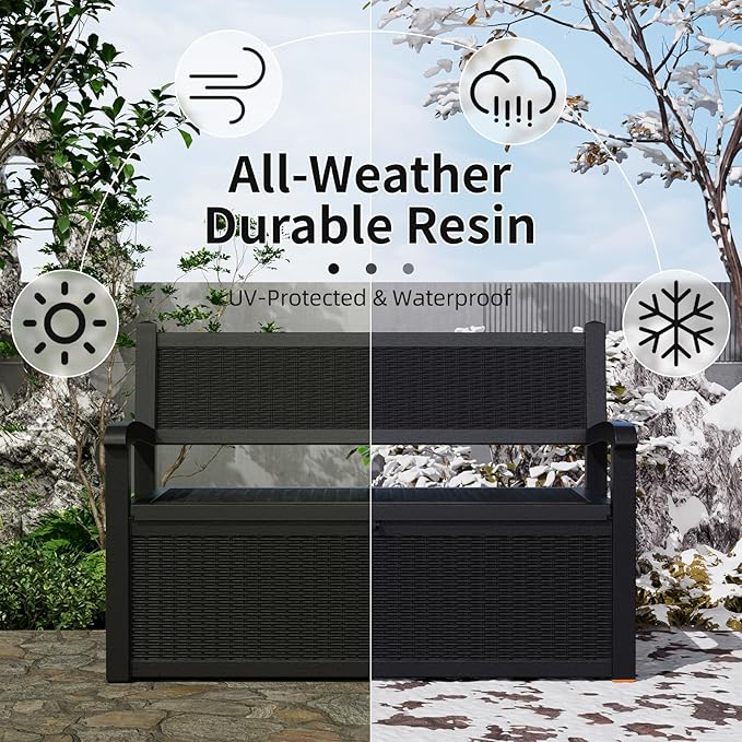 EasyUp 80 Gallon Outdoor Storage Bench, Waterproof and Lockable Deck Box Outdoor Storage Furniture for Patio,Garden,and Porch – Perfect for Storing Garden Tools and Cushions(Black)