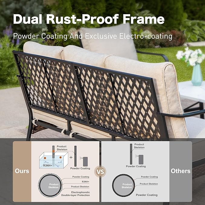 4 Piece Black Metal Outdoor Patio Furniture Sets with Firepit Table, Patio Conversation Sets 1 3-Seater Sofa, 2 Rocking Sofa with 5.75" Thick Cushion Backyard Furniture for Deck, Beige