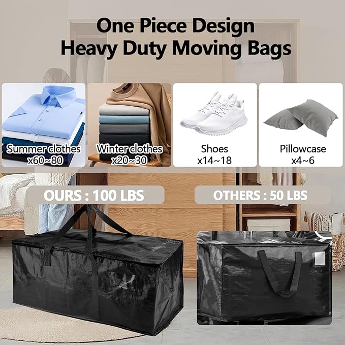 8 Pack Waterproof Moving Bags with Strong Zippers and Reinforced Handles, Real 100lb Capacity Extra Heavy Duty Large Storage Totes for Packing & Moving Storing, Alternative to Moving Boxes -95L,Black