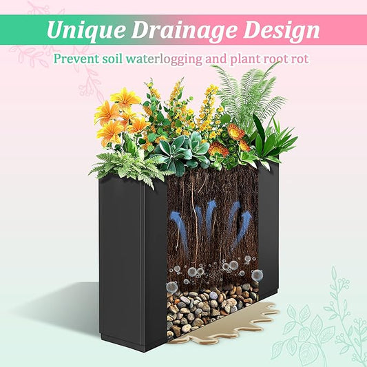 Metal Planter Box Rectangular Planter Box with Drainage Hole, Outdoor Large Planters, All-Weather Use, Rust-Resistance, for Flowers Plants, 35.4" L × 9.1" W × 25.6" H, Black