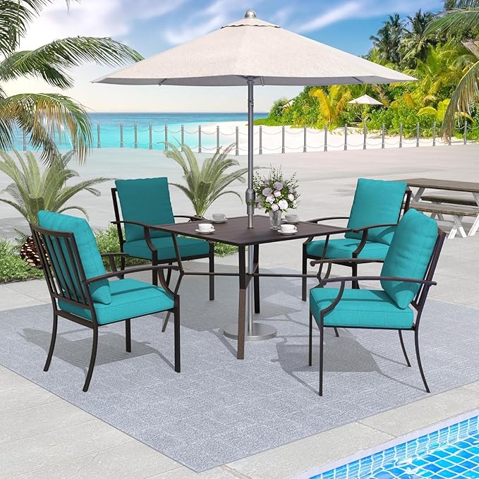 5-Piece Outdoor Patio Dining Set，4pcs Mental Chairs and 38’’ Round Dining Table with Umbrella Hole for Patio, Deck, Yard，Garden, Blue