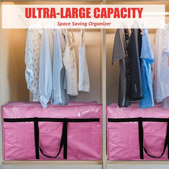 Windyun 4 Pack 57 Gallon Extra Large Storage Bags XXL Moving Bags with Zipper Handles Heavy Duty Jumbo Big Tote Box for Christmas Tree Storage 4, 5, 7.5, 9, 10, 12 ft Skeleton College Dorm(Pink)