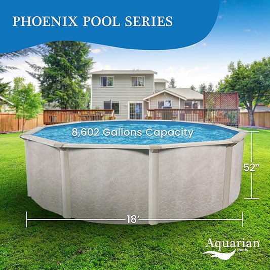 Aquarian Phoenix Round Above Ground Swimming Pool Kit, 18' x 52" - Includes Ladder, Sand Filter Pump, Thru-Wall Skimmer, Liner & Leaf Net, Steel Frame w/Galvanized Walls, Outdoor or Backyard Setup