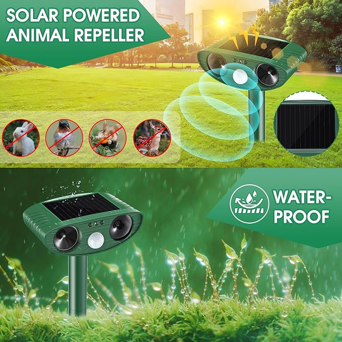 Stray Cat Deterrent Outdoor Solar Powered - Motion Activated Animal Repeller Ultrasonic, Humane Pest Control for Gardens, Yards to Repel Deer,Raccoons,Squirrels,Skunks,Birds,Rabbits