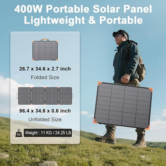 400W Bifacial Portable Solar Panel, 33V Lightweight Foldable Solar Charger for Power Station, IP68 Waterproof 23.5% High Efficiency with Adjustable Kickstands for Camping RVs Home Backup