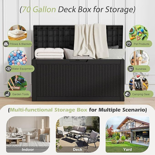 70 Gallon Outdoor Storage Deck Box Waterproof,Large Resin Storage Container for Outside,Patio Accessories for Outsid,Backyard Delivery Boxes,Lockable Lid,Rattan Black