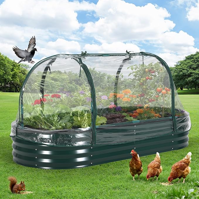 Oval Galvanized Raised Garden Bed Kit with Zippered PVC Cover, Easy Assembly, Thick Metal Outdoor Planter Box for Vegetables, Flowers, Patio Gardening, Dark Green