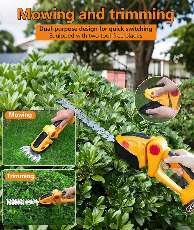 24V Cordless 2-in-1 Hedge Trimmer - High Power Long-Lasting Battery & Charger Included - Ideal for Garden Yard Lawn Edging