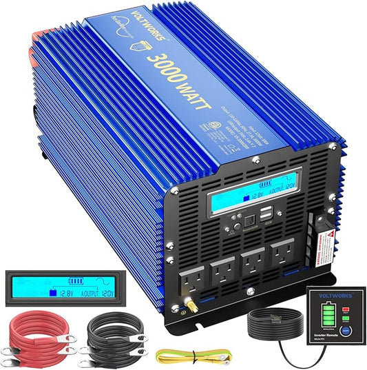 VOLTWORKS 3000W Pure Sine Wave Power Inverter 3000 Watt 12V DC to 110V 120V AC ETL Listed UL458 Compatible with Starlink & Lithium Battery for Off-Grid Solar Car RV Truck Boat with 30FT Wired Remote