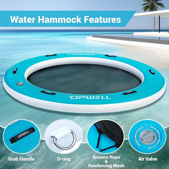 UPWELL Round Inflatable Pool Float Hammock with Backrest - Heavy Duty Mesh Mat for Adults, Tanning, Lakes and Rivers