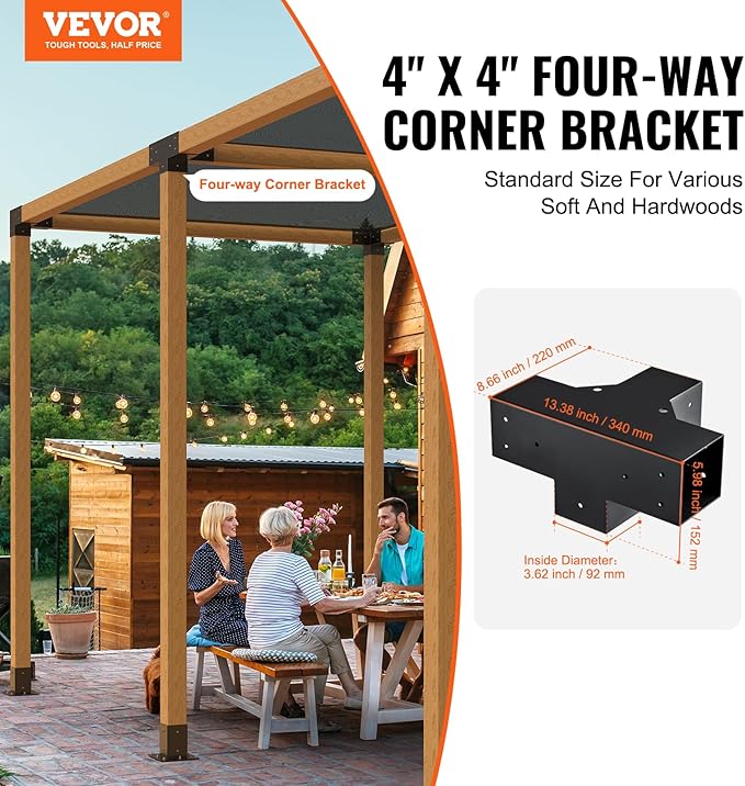 VEVOR Pergola Bracket Kit 4''x4''(Inner Size 3.6x3.6), 2pcs 4-Way Heavy Duty Corner Bracket Woodworks DIY Post Base Kit, Easy Installation Wooden Beams for Gazebos, Patio Pergolas, Log Cabin