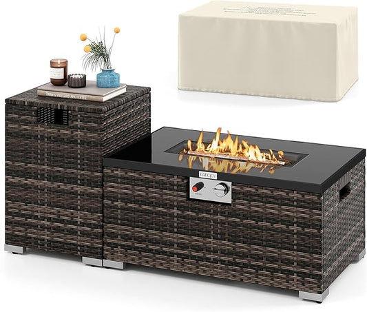 Tangkula 2 Piece Propane Fire Pit Table Set with Tank Cover, Outdoor Rattan Gas Firepit with Lid, Tempered Glass Tabletop, Protective Cover, 40,000 BTU Rectangle Fire Table Set for Outside (Mix Brown)