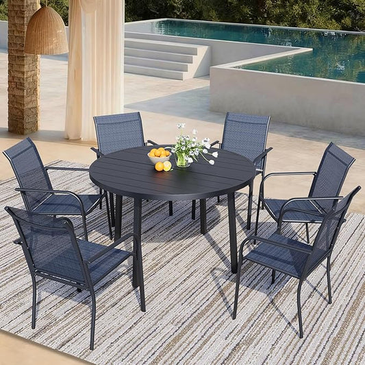 7 Pieces Patio Dining Set for 6, Dark Blue Patio Stackable Chairs and Black Round Table Set of 6, Outdoor Furniture Set with Sling Support for Outside, Garden