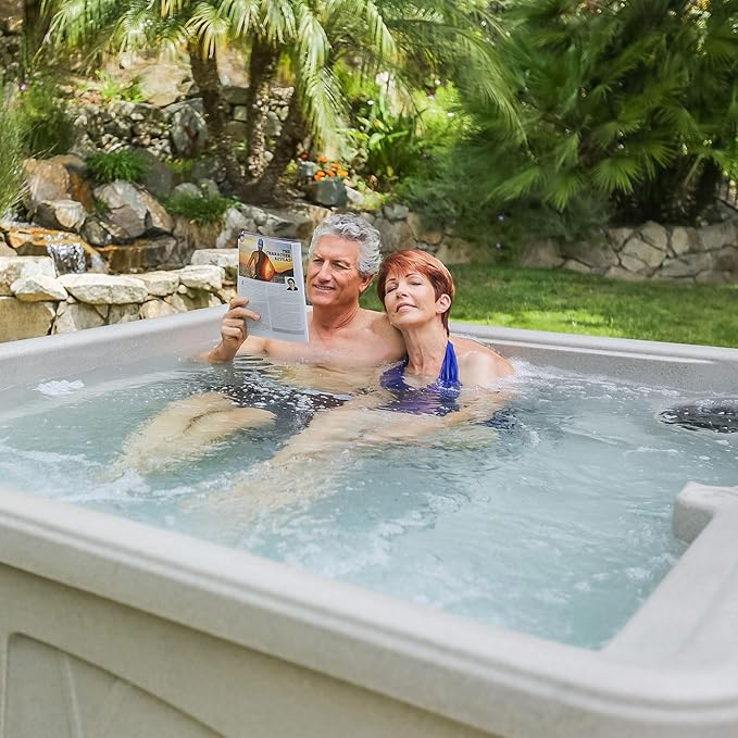 LifeSmart 5-Person Hot Tub – Outdoor Spa with 28 Jets, LED Lights, Waterfall, Ozonator & Cover – Sand-Colored Above-Ground Spa for Home Use
