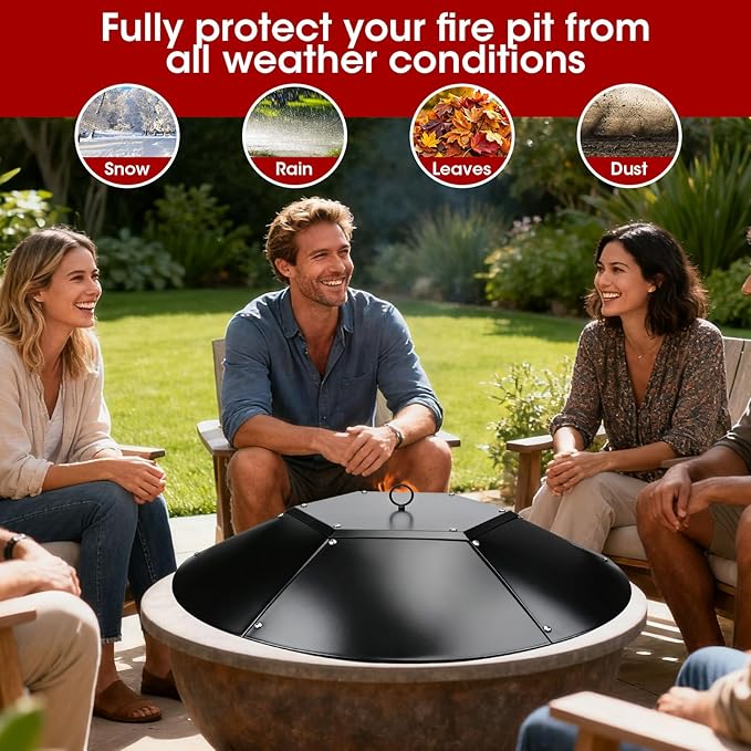 32 inch Fire Pit Lid Round,Metal Fire Pit Lid with Handle & Poker Fits for Fire Pits up to 30",Outdoor Firepit Lids Heavy Duty for Firepit Replacement Kit Accessory-Black