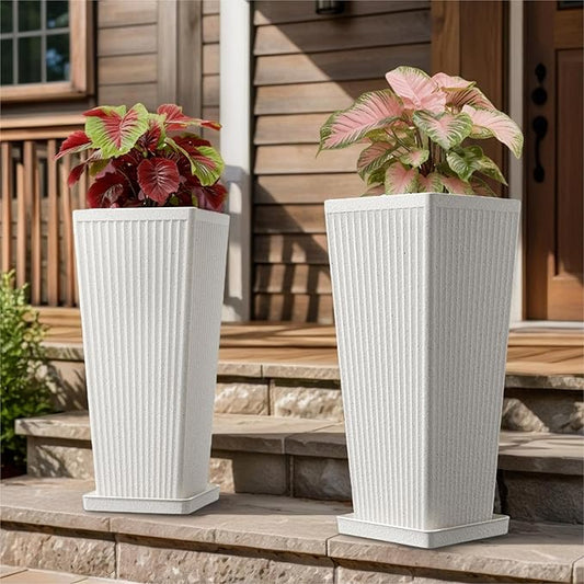 Tapered Tall Planters for Outdoor Plants 2 Pack- 23.6 Inch Heavy-Duty Classic Square Indoor Flower Pots with Drainage Holes/Partition/Tray, Large Outdoor Planters for Porch Patio, White