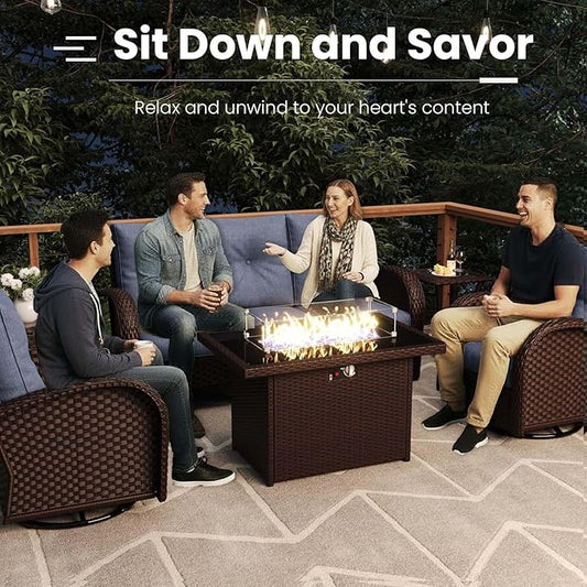 7 Pieces Patio Furniture Sets with Fire Pit Table, Wicker Rattan High Back Outdoor Armchairs Set with 3-Seat Couch, Ottomans and Side Table