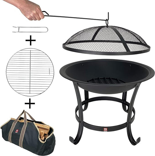 FireBeauty Fire Pit BBQ Grill Pit Bowl with Mesh Spark Screen Cover,Poker (Includes Tote Bag)