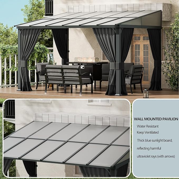 ASJMR 10x28FT Wall Mounted Gazebo Hardtop,Outdoor Wall-Mounted Patio Pergola Metal Frame Double Curtains Gazebo with Sloping Sun Panel Roof for Patio,Garden,Lawn,Pool,Backyard Deck, Gray