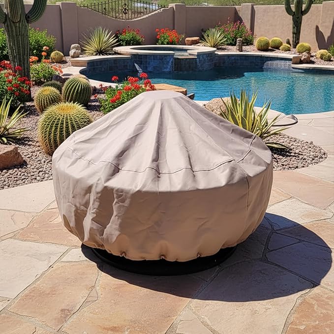 Sunnydaze Round Outdoor Fire Pit Cover - Heavy-Duty 300D Polyester and PVC with Drawstring Closure - Khaki - 40-Inch