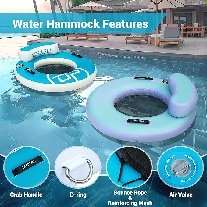 UPWELL Round Inflatable Pool Float Hammock with Backrest - Heavy Duty Mesh Mat for Adults, Tanning, Lakes and Rivers