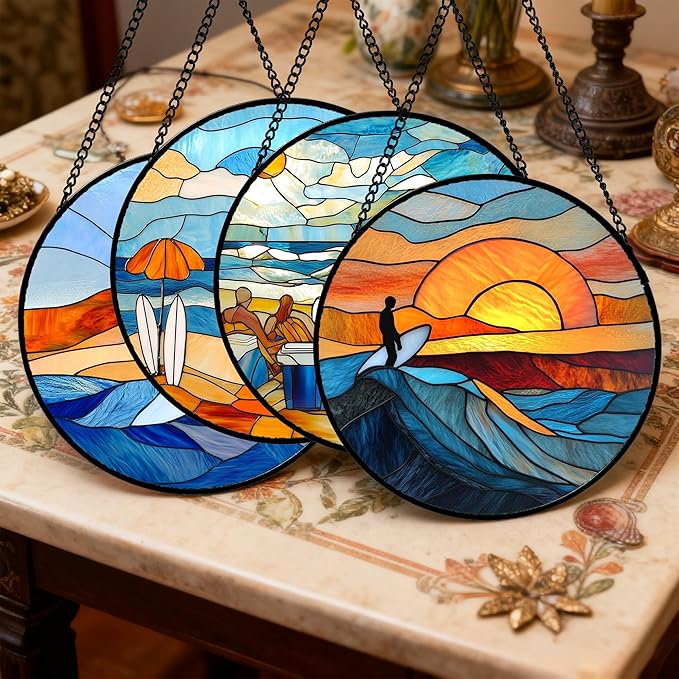 AMDERVEN Stained Glass Window Hanging 4 Pcs Set Blue Ocean Surfing Beach Large 15" - Suncatcher Door Garden Sun Catcher Decor Birthday Mother's Day for Firefighte Men Woman Nana Mom