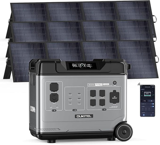 OUKITEL P5000 Pro 3600W Solar Generator with 3x200W Panel, 5120Wh Solar power station with 5 AC Outlets (6000W Peak), 1800W Fast Charging, Emergency Battery Backup for Home, Camping & RVs