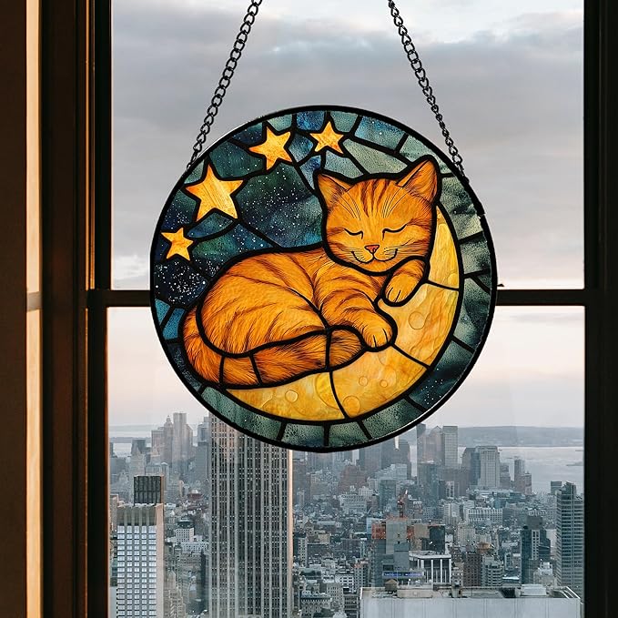AMDERVEN Stained Glass Window Hanging - Orange Cat Sun Catcher for Door Home Decor Stars and Moon Suncatcher Christmas Mother's Day Birthday Loss of a Pet Gifts for Women Men Mom Nana 6.3 in