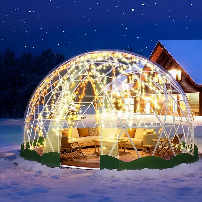 12FT Garden Dome Tent, Geodesic Dome Greenhouse with PVC Clear Cover, Waterproof Garden Bubble Dome Tent House with 2 x 10M Light Strings for Outdoor, Patio, Party