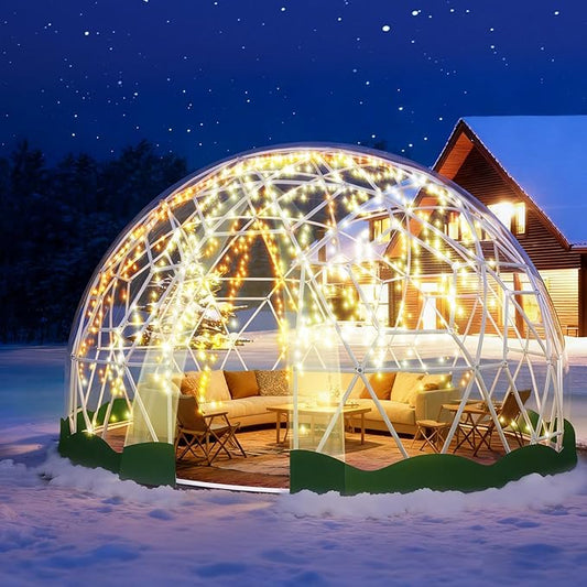 12FT Garden Dome Tent, Geodesic Dome Greenhouse with PVC Clear Cover, Waterproof Garden Bubble Dome Tent House with 2 x 10M Light Strings for Outdoor, Patio, Party