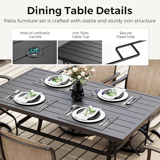 7-Piece Outdoor Dining Set, Patio Furniture Set with Textilene Swivel Chairs,Outdoor Table & 6 Chairs for Garden, Backyard, Poolside, Deck, Beige